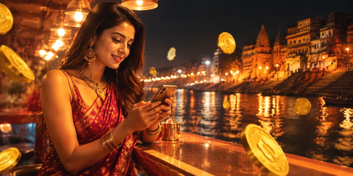 Lottery ticket buyer at Varanasi Ghat using mobile payment